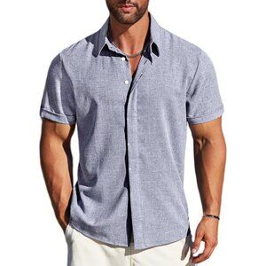 Dark Blue Grey Linen Short Sleeve Button Down Casual Shirt Business Dress